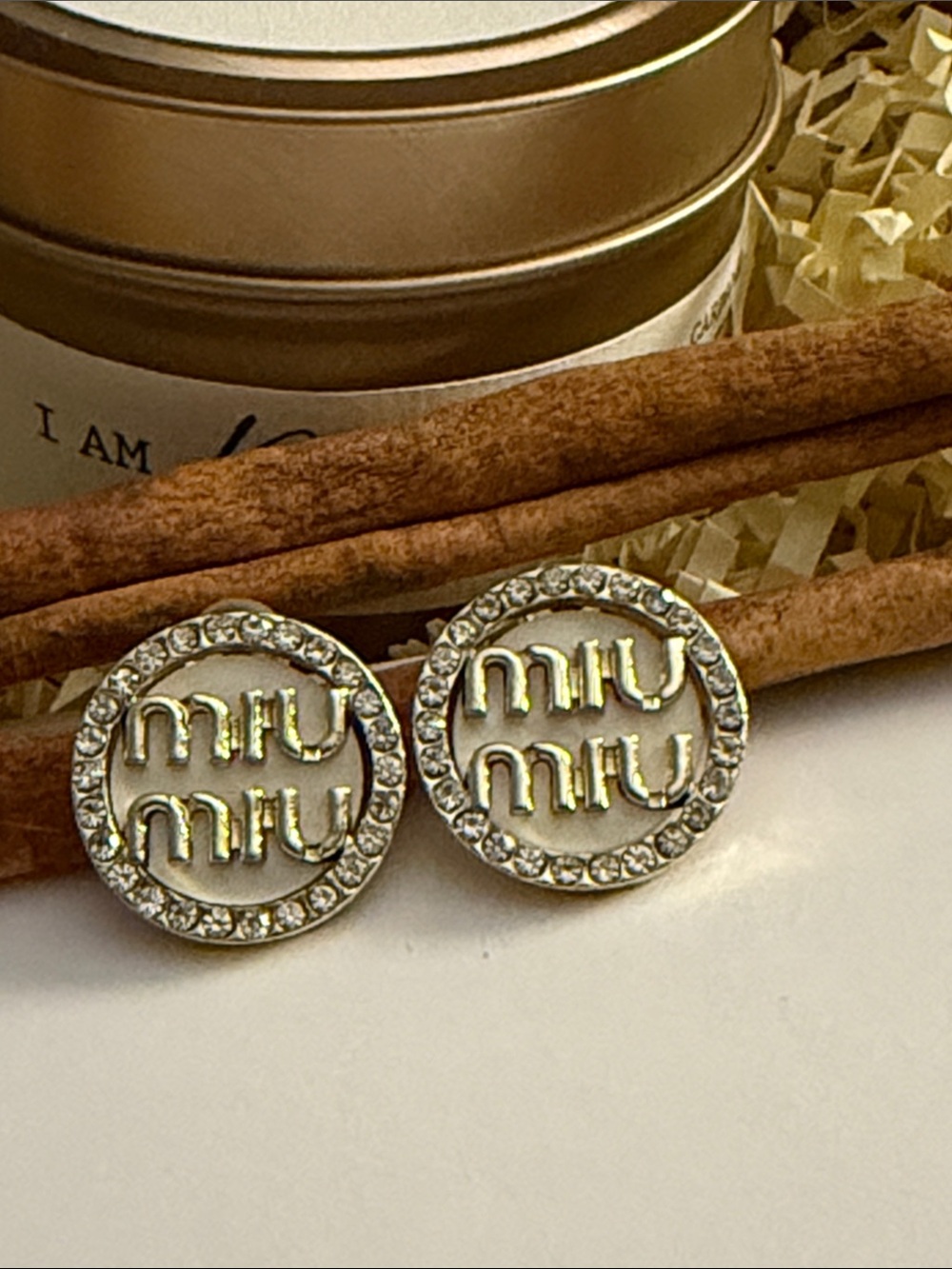 Fashion Jewelry White Enamel and Crystal Logo Button Earrings